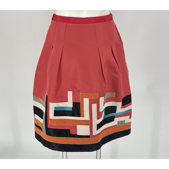 Oscar de La Renta Skirt Embroidered Silk Geometric Coral Size 6 Small A Line - Picture 2 of 9